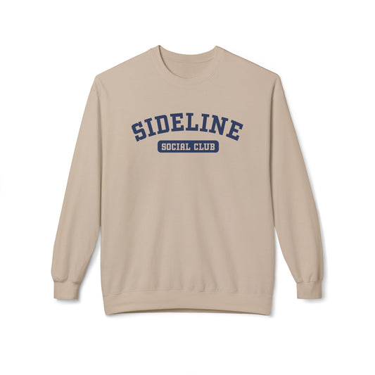A beige crewneck sweatshirt with 'SIDELINE SOCIAL CLUB' printed in navy blue on the chest, displayed against a clean white background.