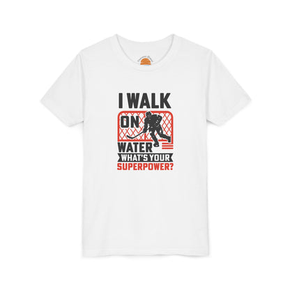 White t-shirt with graphic design and text Walk On Water Youth T-Shirt  on a white background