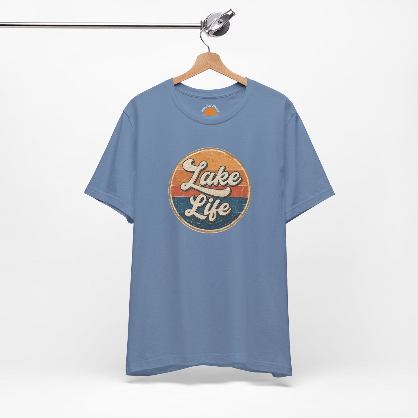 Blue t-shirt with 'Lake Life' graphic on a hanger against a white background
