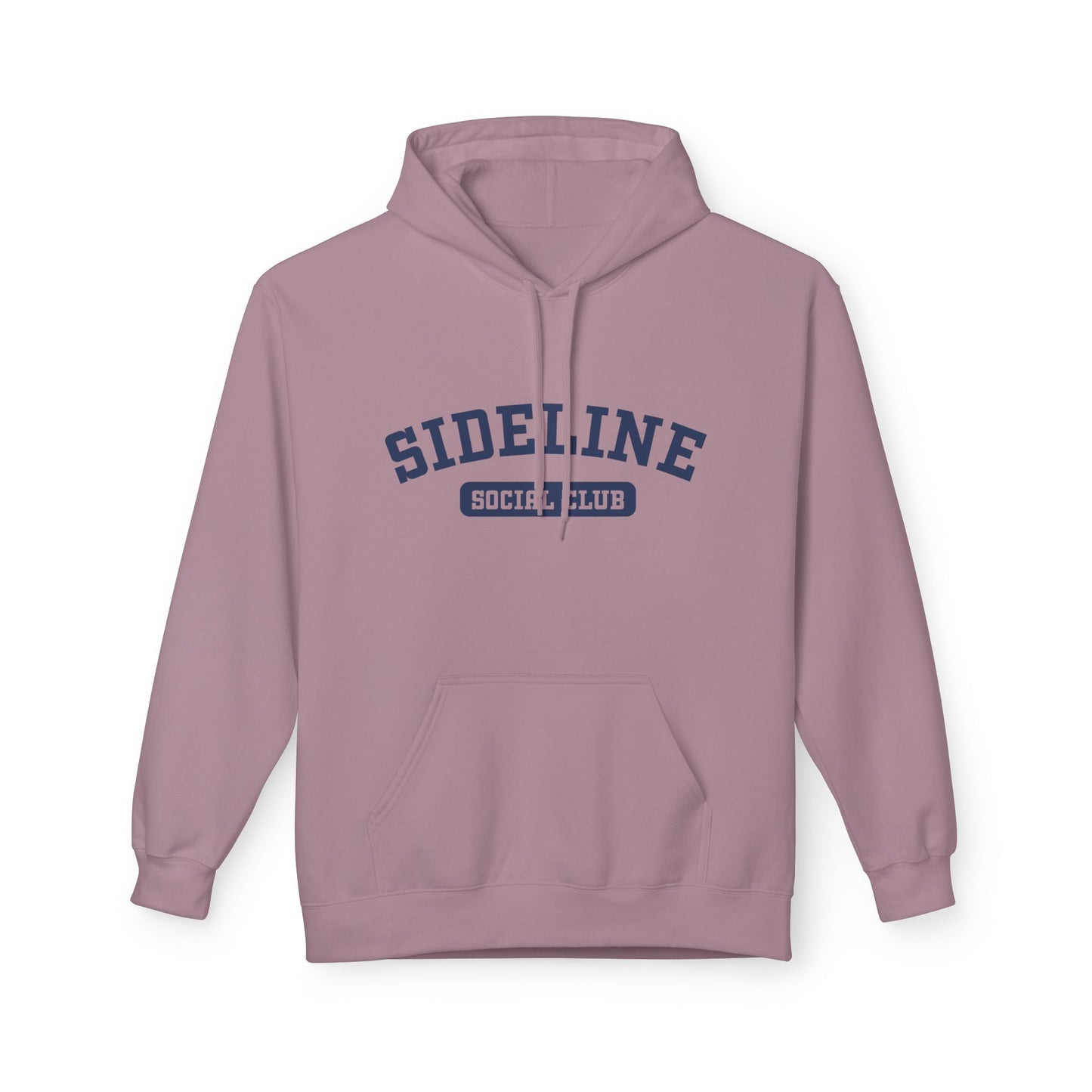 A dusty pink pullover hoodie with 'SIDELINE SOCIAL CLUB' printed in navy blue on the chest, displayed against a clean white background.