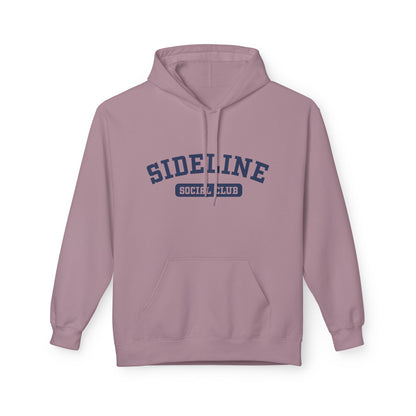 A dusty pink pullover hoodie with 'SIDELINE SOCIAL CLUB' printed in navy blue on the chest, displayed against a clean white background.