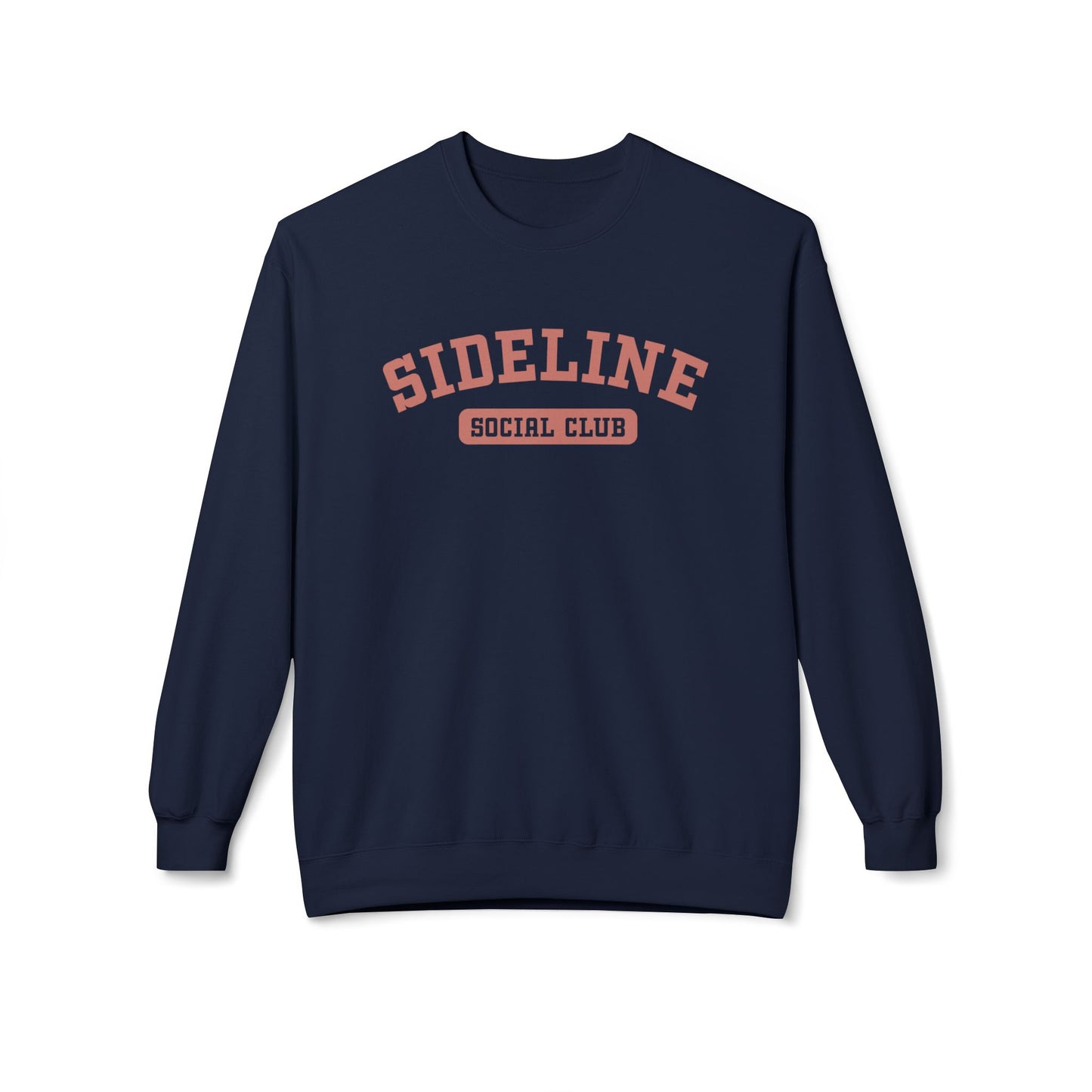 A navy crewneck sweatshirt with 'SIDELINE SOCIAL CLUB' printed in nantucket red on the chest, displayed against a clean white background.
