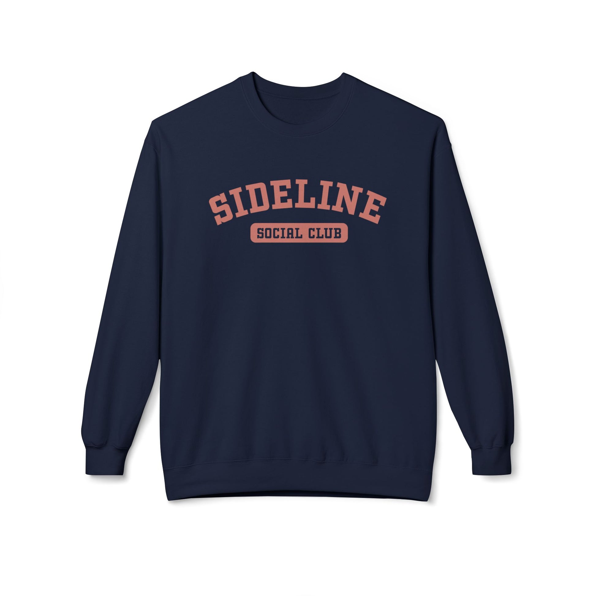 A navy crewneck sweatshirt with 'SIDELINE SOCIAL CLUB' printed in nantucket red on the chest, displayed against a clean white background.
