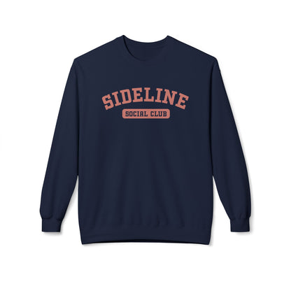 A navy crewneck sweatshirt with 'SIDELINE SOCIAL CLUB' printed in nantucket red on the chest, displayed against a clean white background.