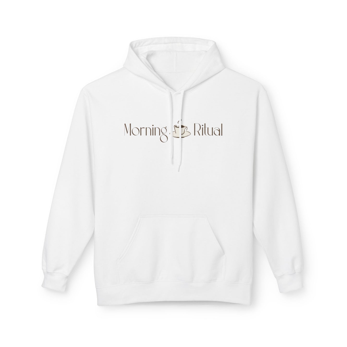 A white pullover hoodie with a front kangaroo pocket and drawstring hood, featuring the text 'Morning Ritual' in a dark brown serif font with a small coffee cup graphic, displayed on a clean white background.