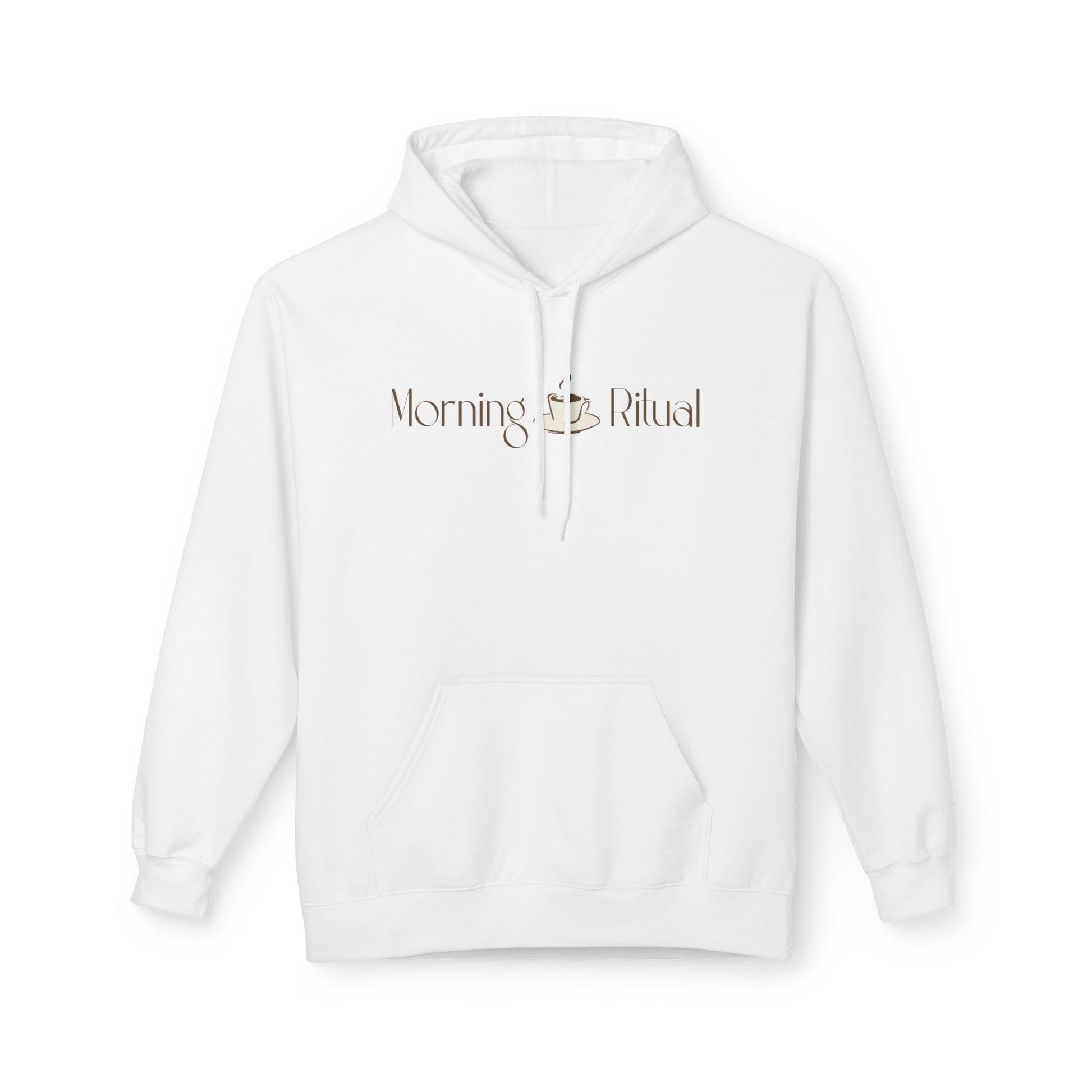 A white pullover hoodie with a front kangaroo pocket and drawstring hood, featuring the text 'Morning Ritual' in a dark brown serif font with a small coffee cup graphic, displayed on a clean white background.