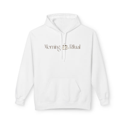 A white pullover hoodie with a front kangaroo pocket and drawstring hood, featuring the text 'Morning Ritual' in a dark brown serif font with a small coffee cup graphic, displayed on a clean white background.