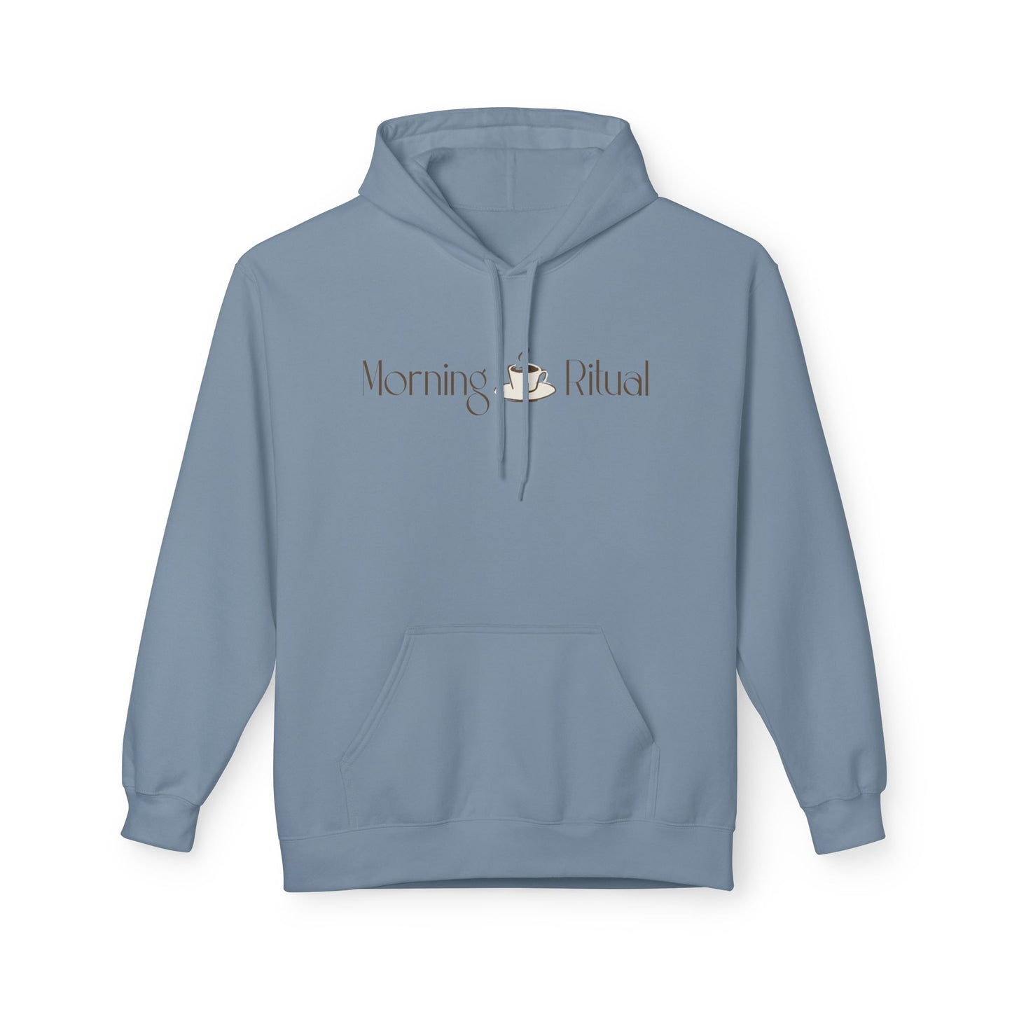 A dusty blue pullover hoodie with a front kangaroo pocket and drawstrings, featuring a 'Morning Ritual' graphic printed on the chest with a small white swan illustration.