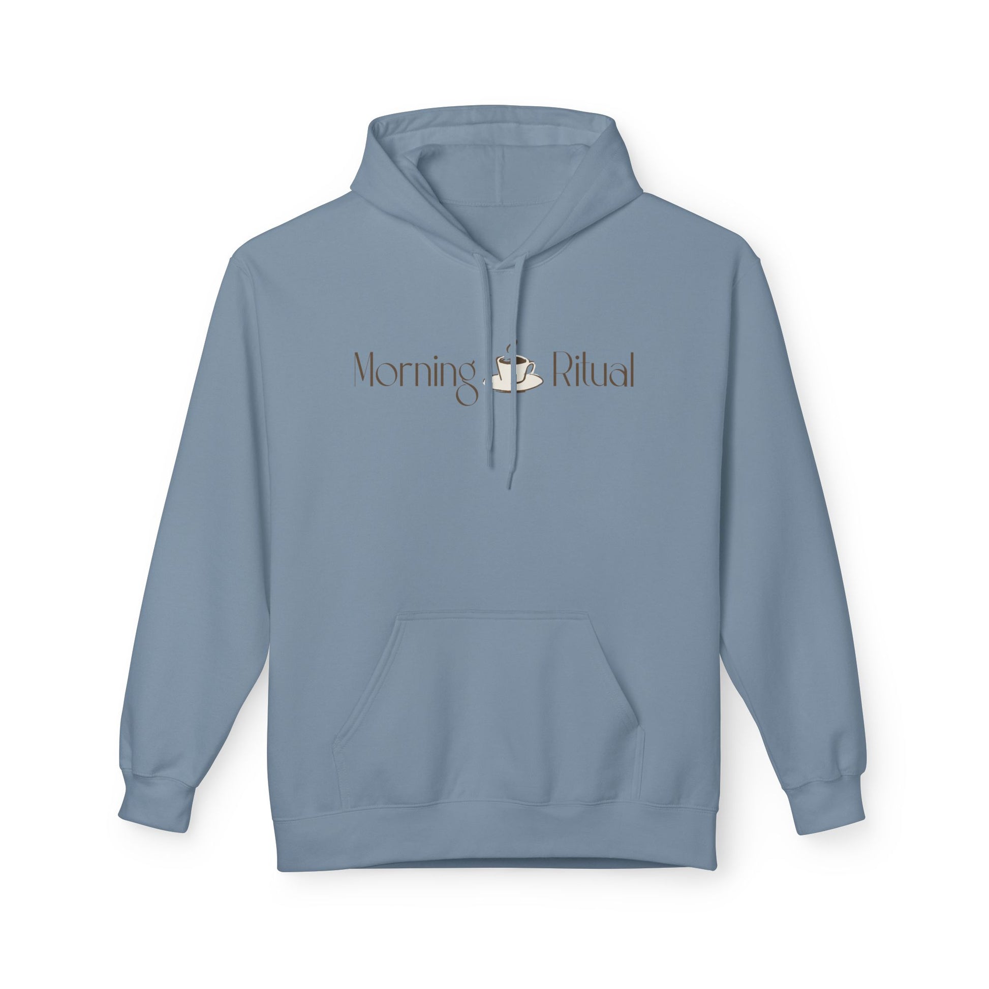 A dusty blue pullover hoodie with a front kangaroo pocket and drawstrings, featuring a 'Morning Ritual' graphic printed on the chest with a small white swan illustration.
