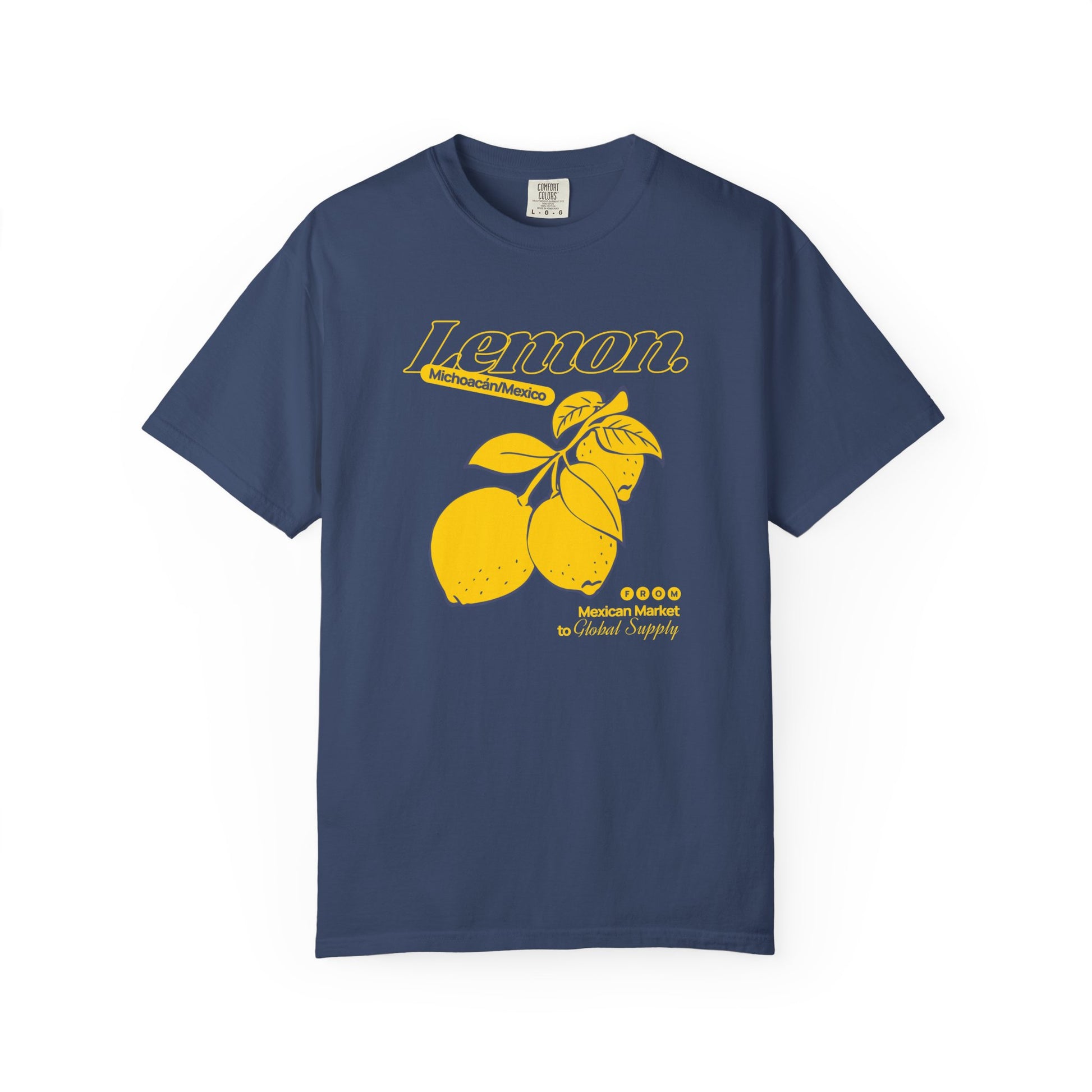 Navy blue t-shirt with yellow lemon graphic and text on a white background