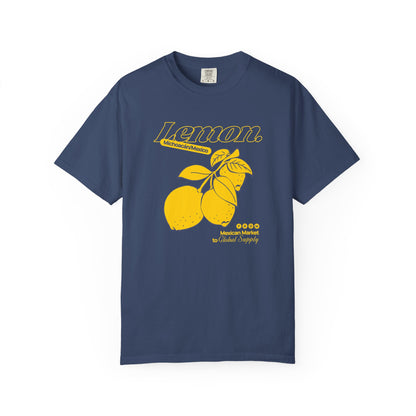 Navy blue t-shirt with yellow lemon graphic and text on a white background