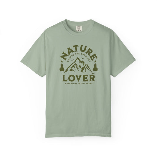 Light green t-shirt with 'Nature Lover' graphic design on a white background