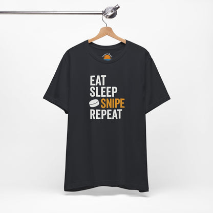 Vintage black t-shirt with 'Eat Sleep Snipe Repeat' text on a hanger against a white background