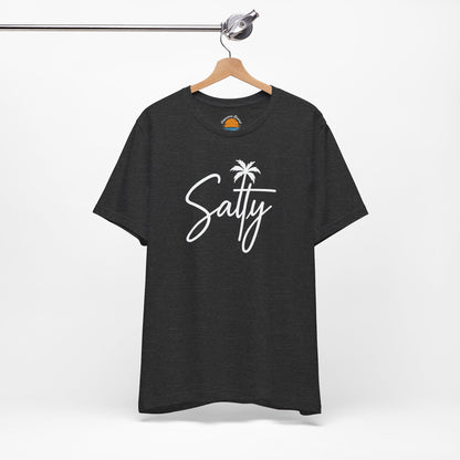 Dark grey heather t-shirt with 'Salty' and a palm tree graphic on a hanger against a white background