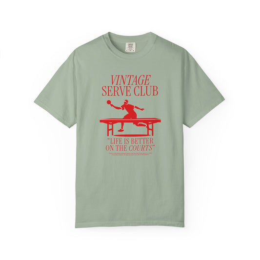 Light green t-shirt with red vintage table tennis design and text on a white background