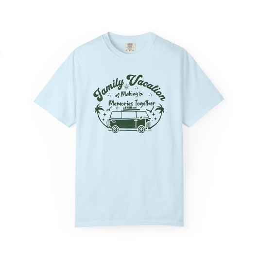 Light blue t-shirt with green graphic and text on a white background