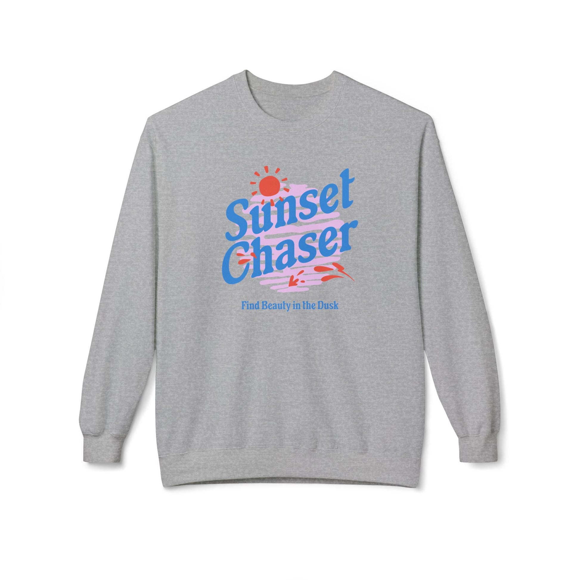 A heather gray crewneck sweatshirt featuring a colorful retro-style graphic on the chest that reads 'Sunset Chaser' with a sun, stripes, and small red/orange shapes, plus the phrase 'Find Beauty in the Duck' underneath.