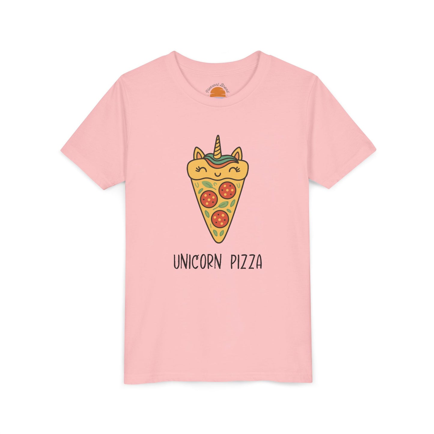 Pink t-shirt with a unicorn pizza design on a white background