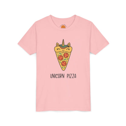 Pink t-shirt with a unicorn pizza design on a white background