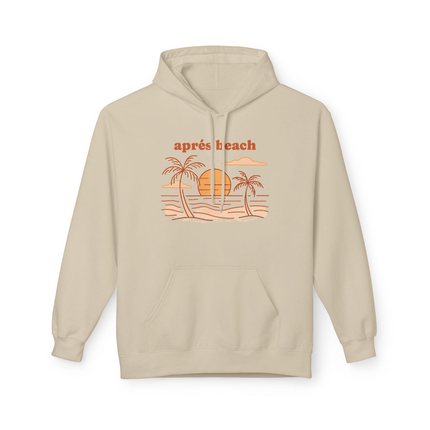 A light beige pullover hoodie, featuring a retro-style orange graphic of palm trees, a sun, and waves with the text 'après beach' printed above it.