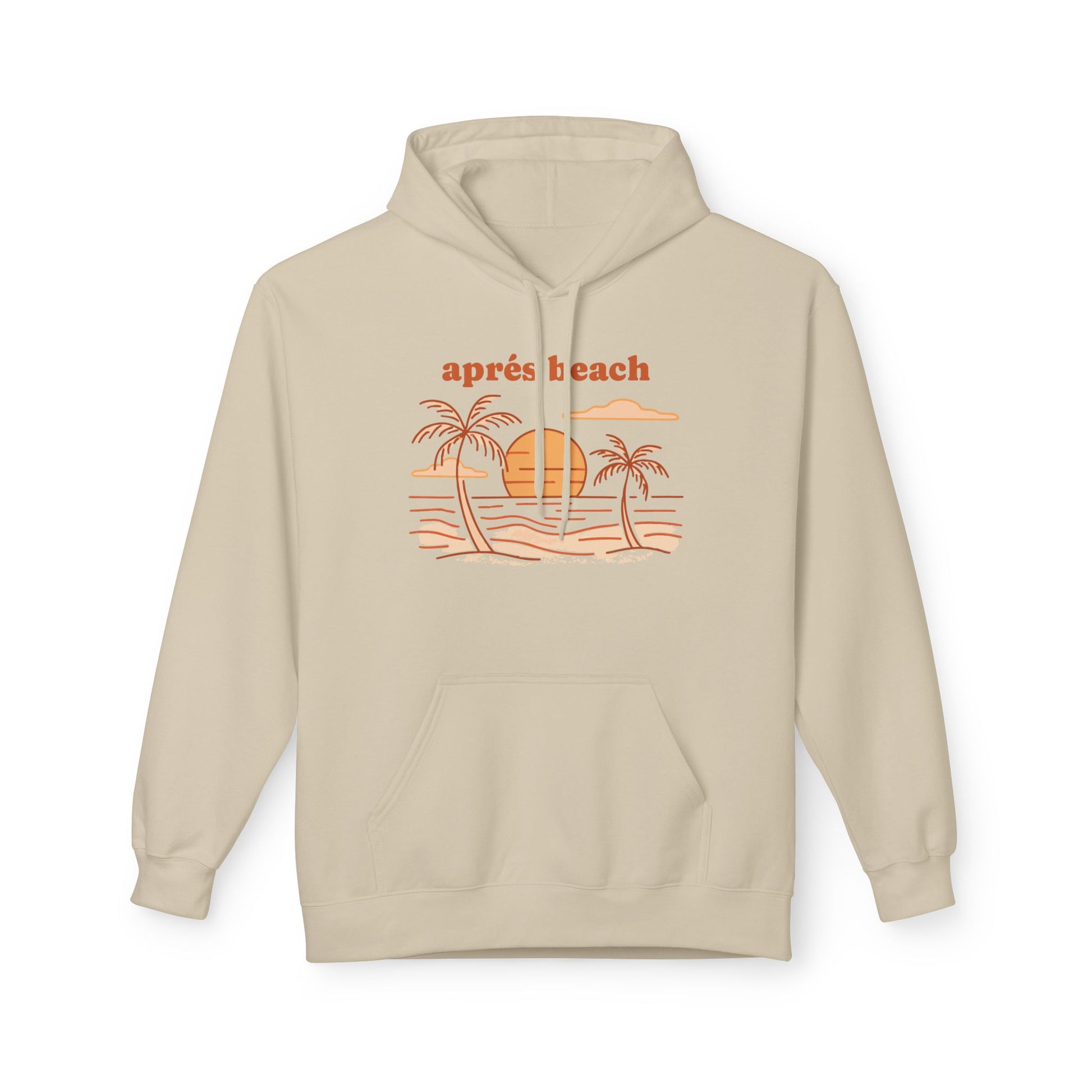 A light beige pullover hoodie, featuring a retro-style orange graphic of palm trees, a sun, and waves with the text 'après beach' printed above it.