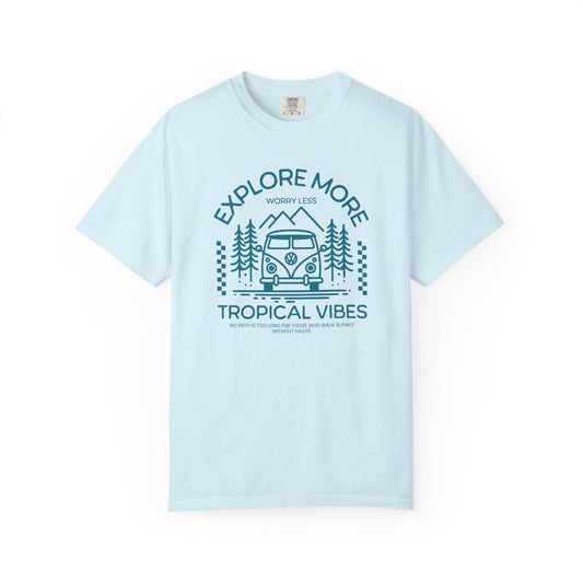 Light blue t-shirt with nature-themed design and text on a white background