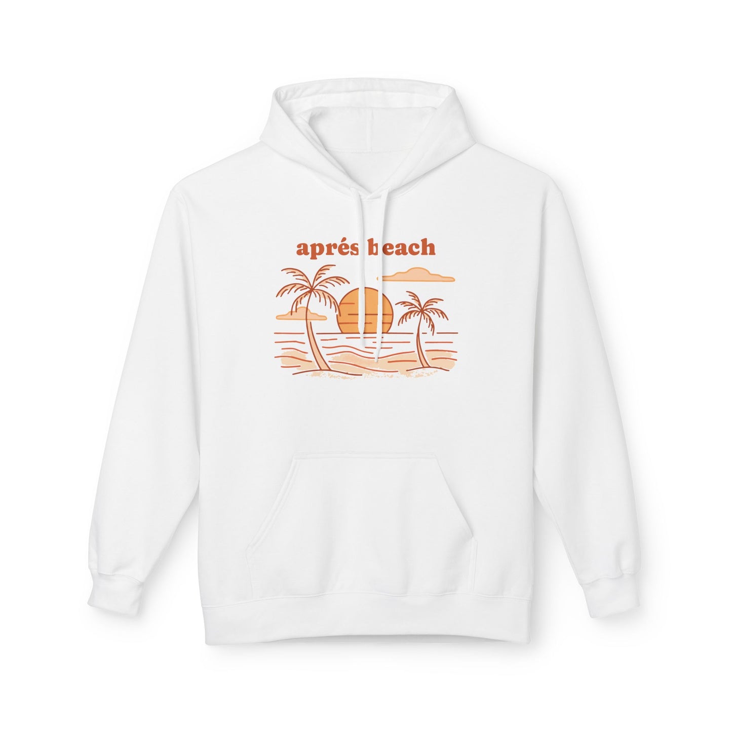 A white pullover hoodie with a retro-style beach graphic on the chest. The graphic features the text 'après beach' in orange above a simple illustration of palm trees, a sunset, and ocean waves.