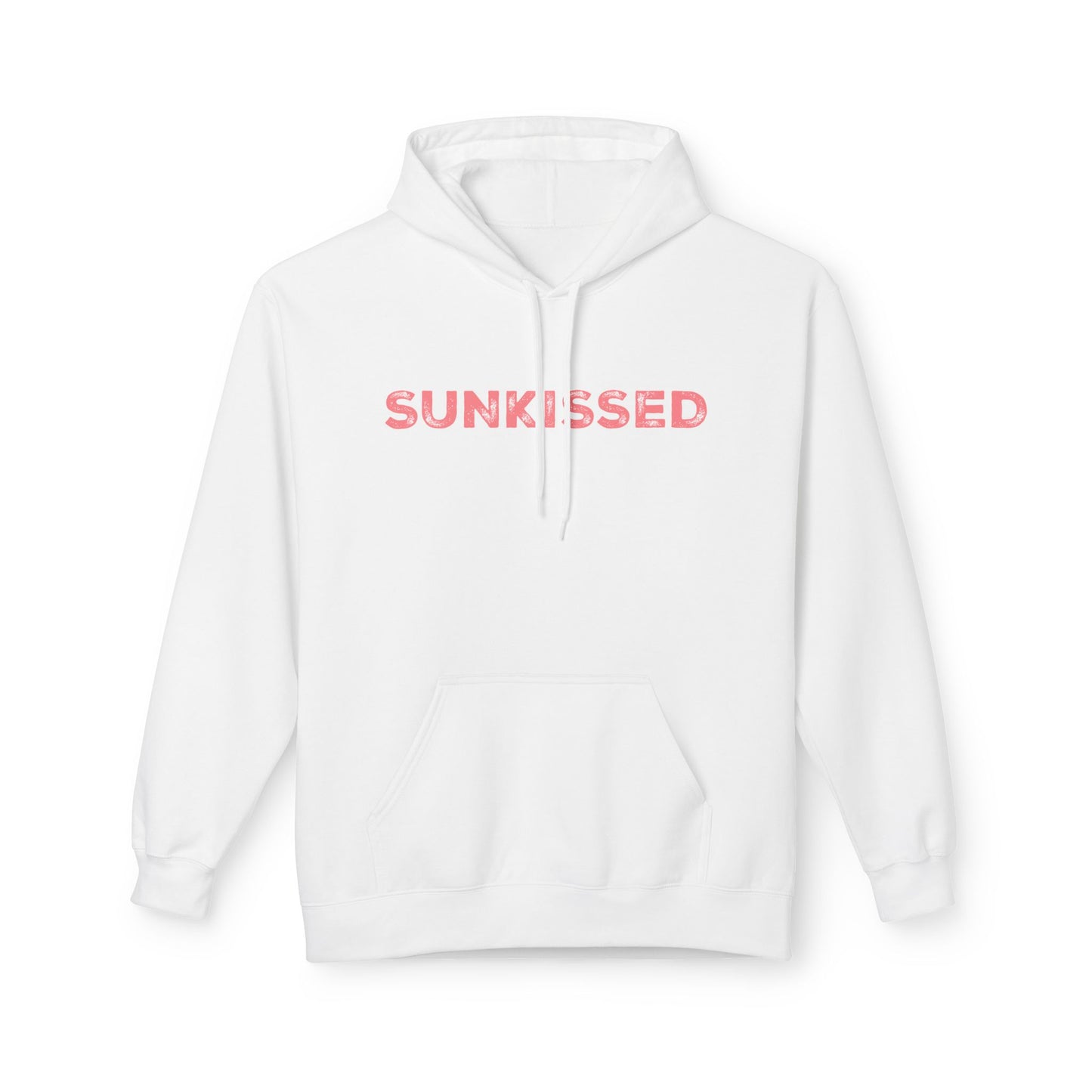 A white pullover hoodie with the word 'SUNKISSED' printed across the chest in a pink gradient, shown against a plain white background.
