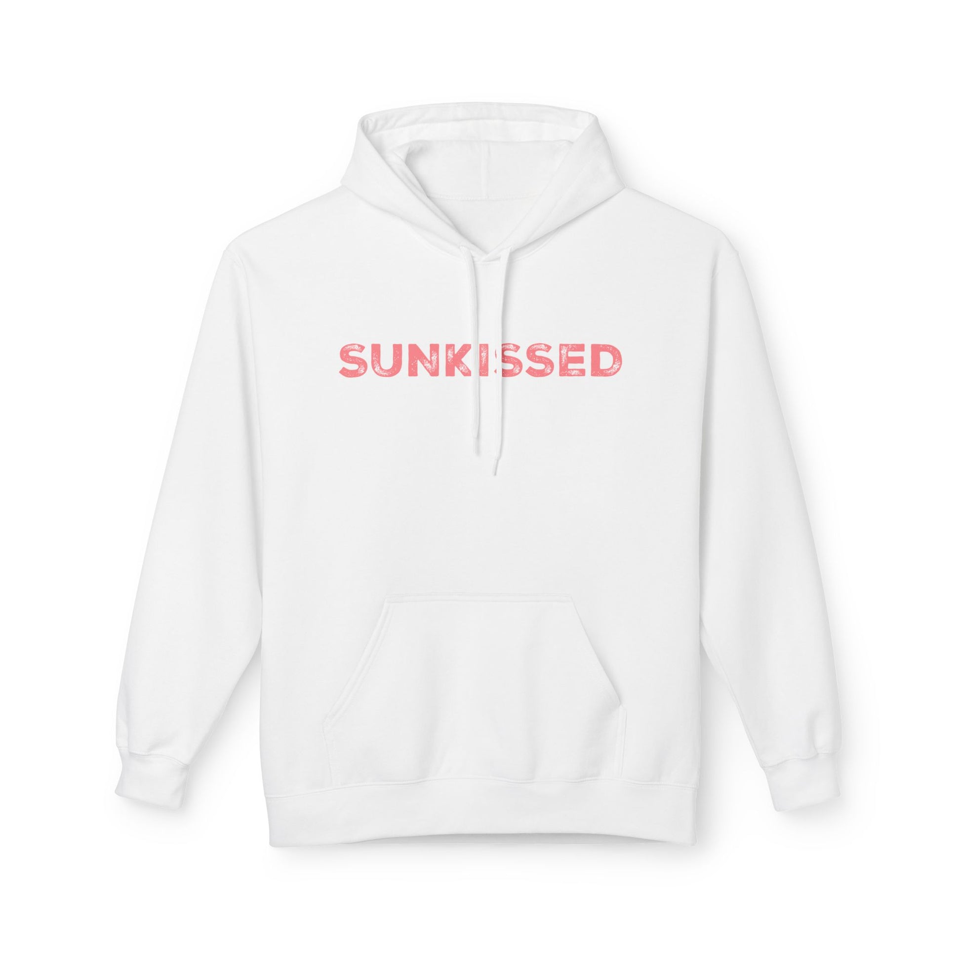 A white pullover hoodie with the word 'SUNKISSED' printed across the chest in a pink gradient, shown against a plain white background.