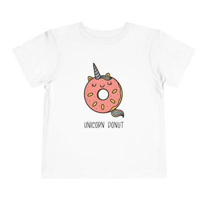 White t-shirt with a colorful unicorn donut design on a white background