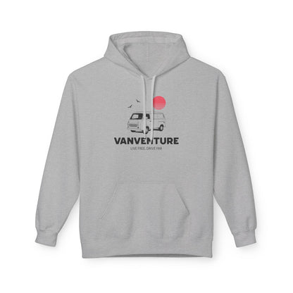 A light gray pullover hoodie with a front graphic of a white van, a red sun, and the text 'VANVENTURE' and 'LIVE FREE, DRIVE FAR' on a plain white background.