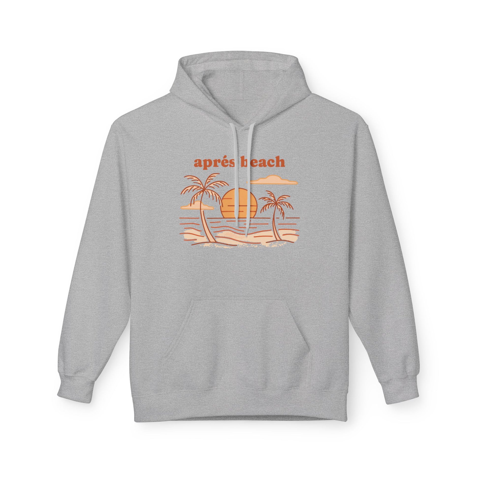 A light gray pullover hoodie with a retro-style beach graphic on the chest. The graphic features the text 'après beach' in orange above a simple illustration of palm trees, a yellow-orange sun, and a sandy beach with blue ocean lines.