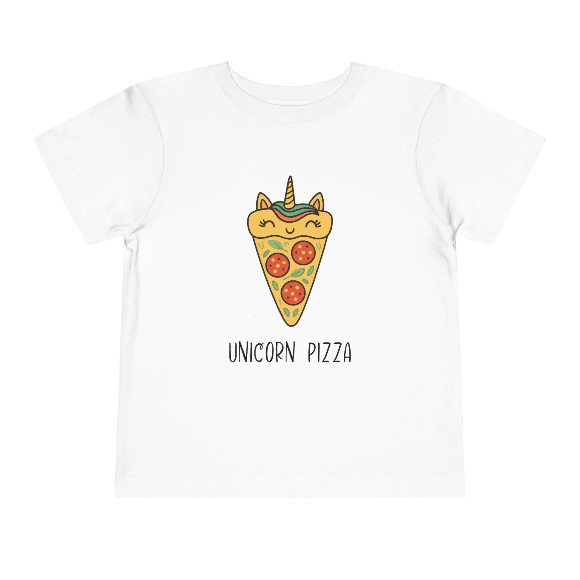 White t-shirt with a unicorn pizza design on a white background