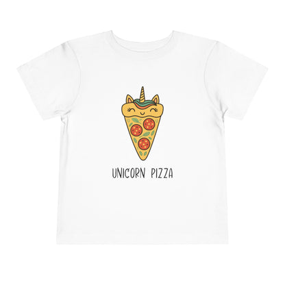 White t-shirt with a unicorn pizza design on a white background