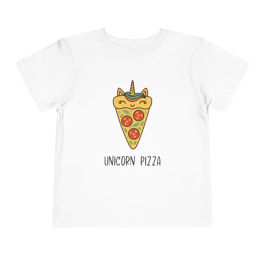 White t-shirt with a unicorn pizza design on a white background