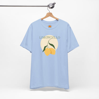 Light blue t-shirt with lemon design and 'Limoncello' text on a hanger against a white background