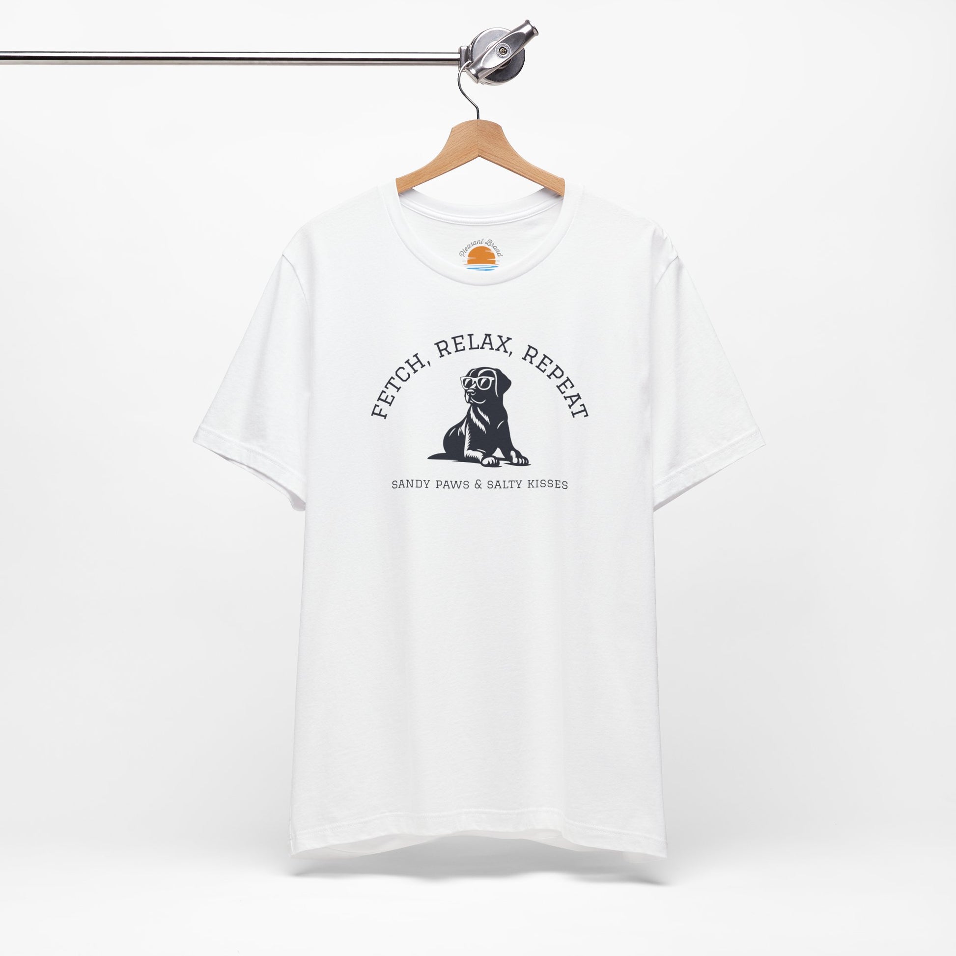 White Lab in Shades T-Shirt with a dog graphic and text Fetch, Relax, Repeat on a hanger against a white background