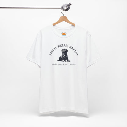 White Lab in Shades T-Shirt with a dog graphic and text Fetch, Relax, Repeat on a hanger against a white background