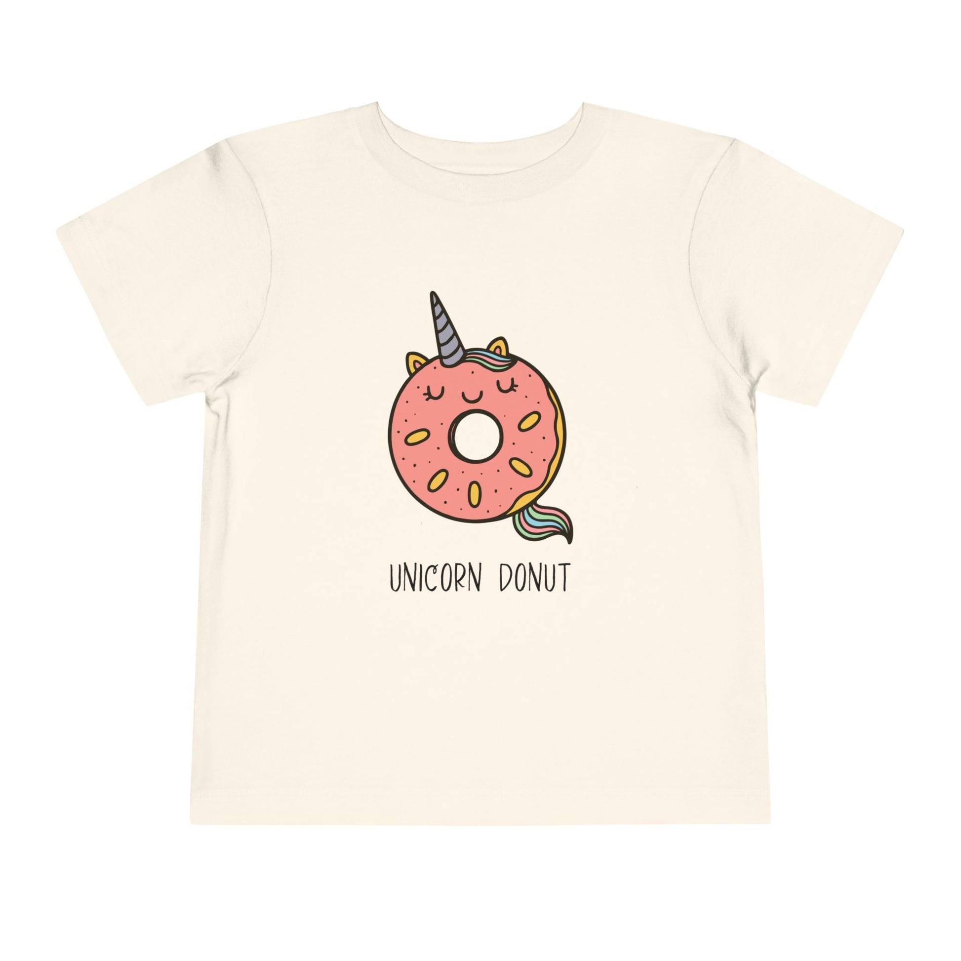 Beige t-shirt with a unicorn donut design on a white background