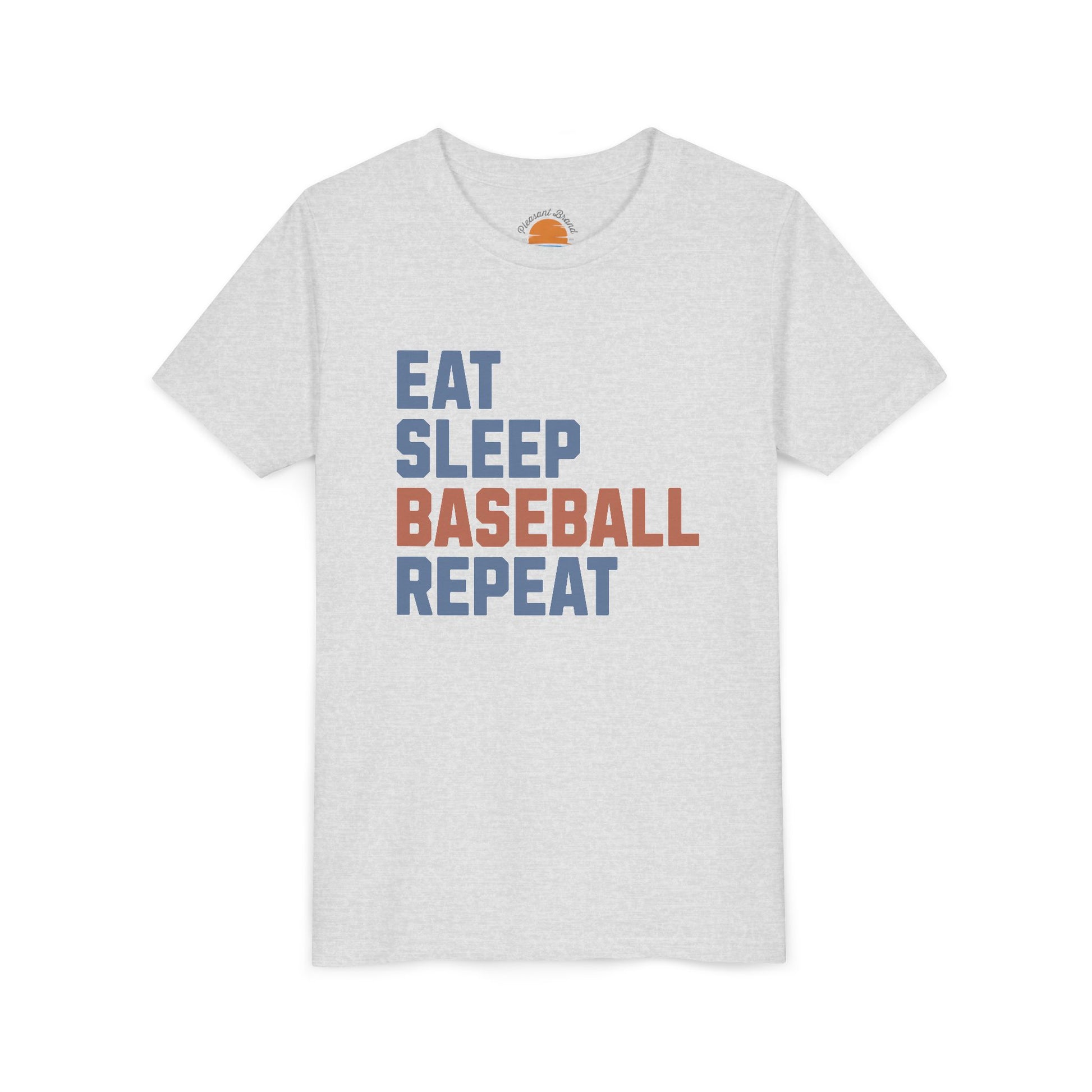 White t-shirt with 'Eat Sleep Baseball Repeat' text on a white background