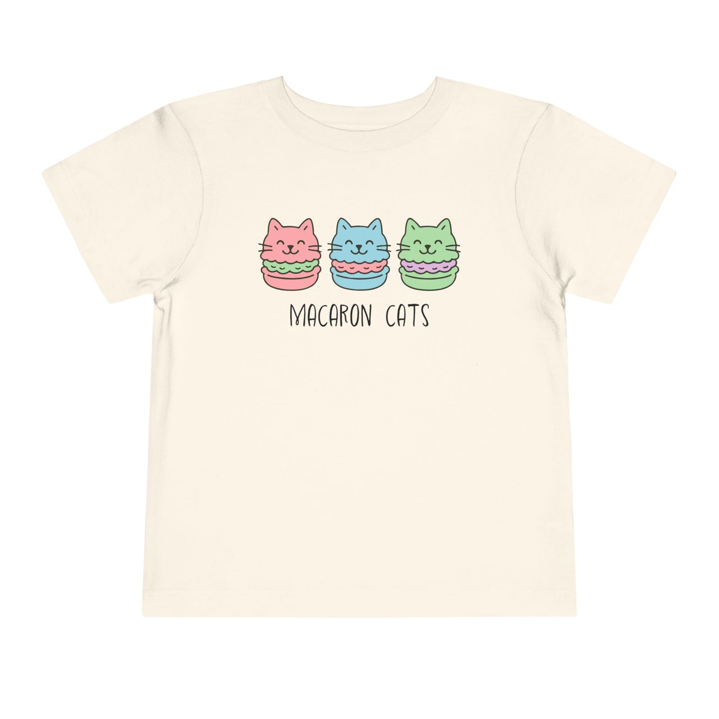 Beige t-shirt with 'Macaron Cats' design on a white background