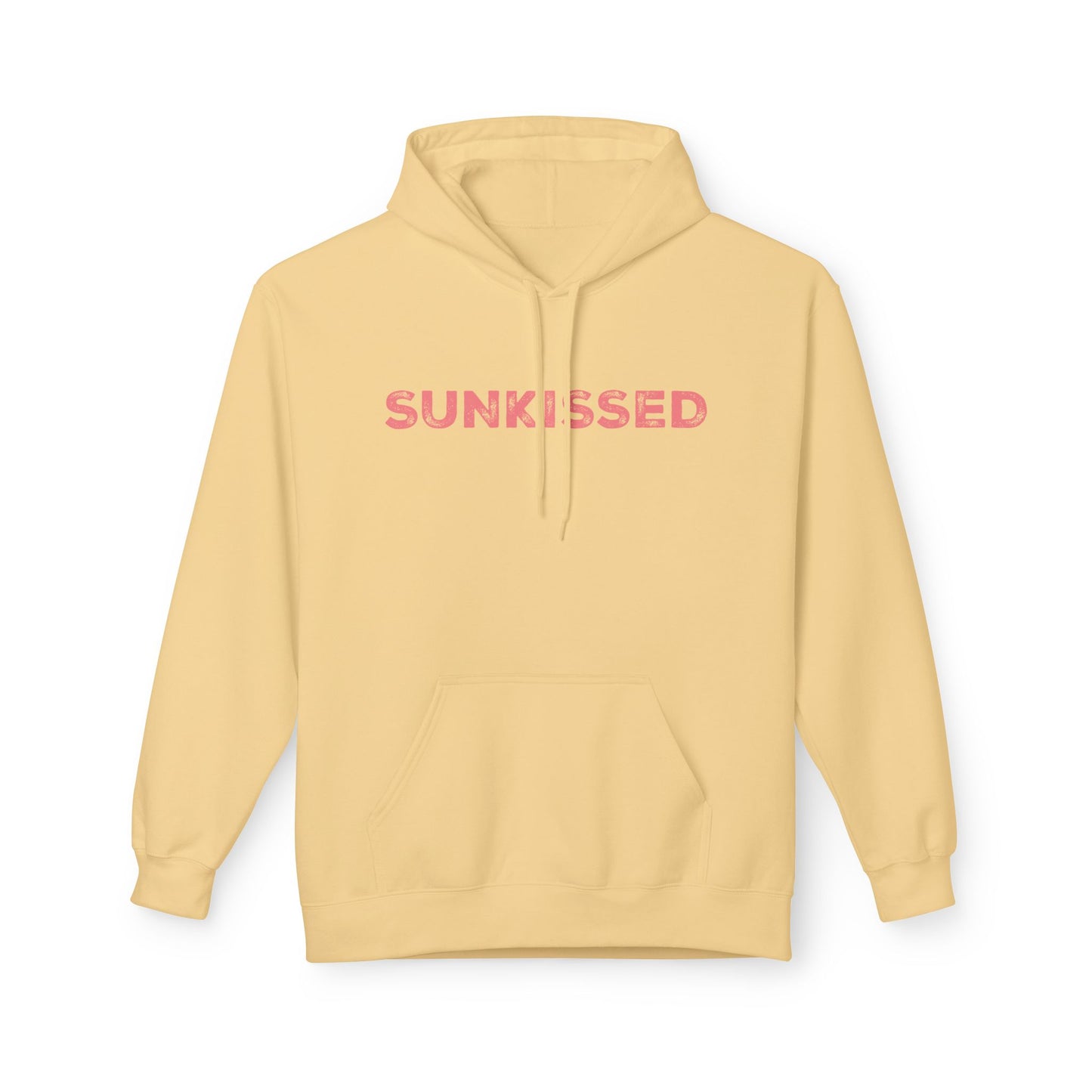 Light yellow hoodie with 'SUNKISSED' text on a white background