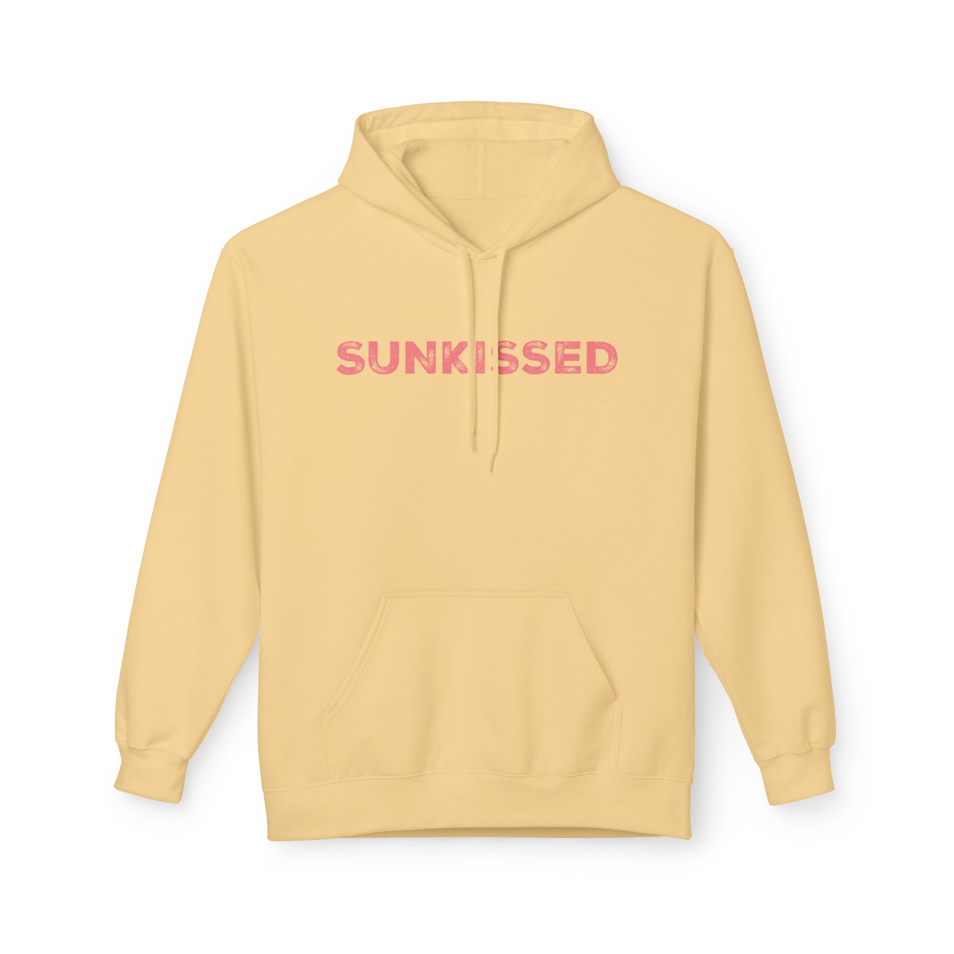 Light yellow hoodie with 'SUNKISSED' text on a white background