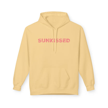Light yellow hoodie with 'SUNKISSED' text on a white background