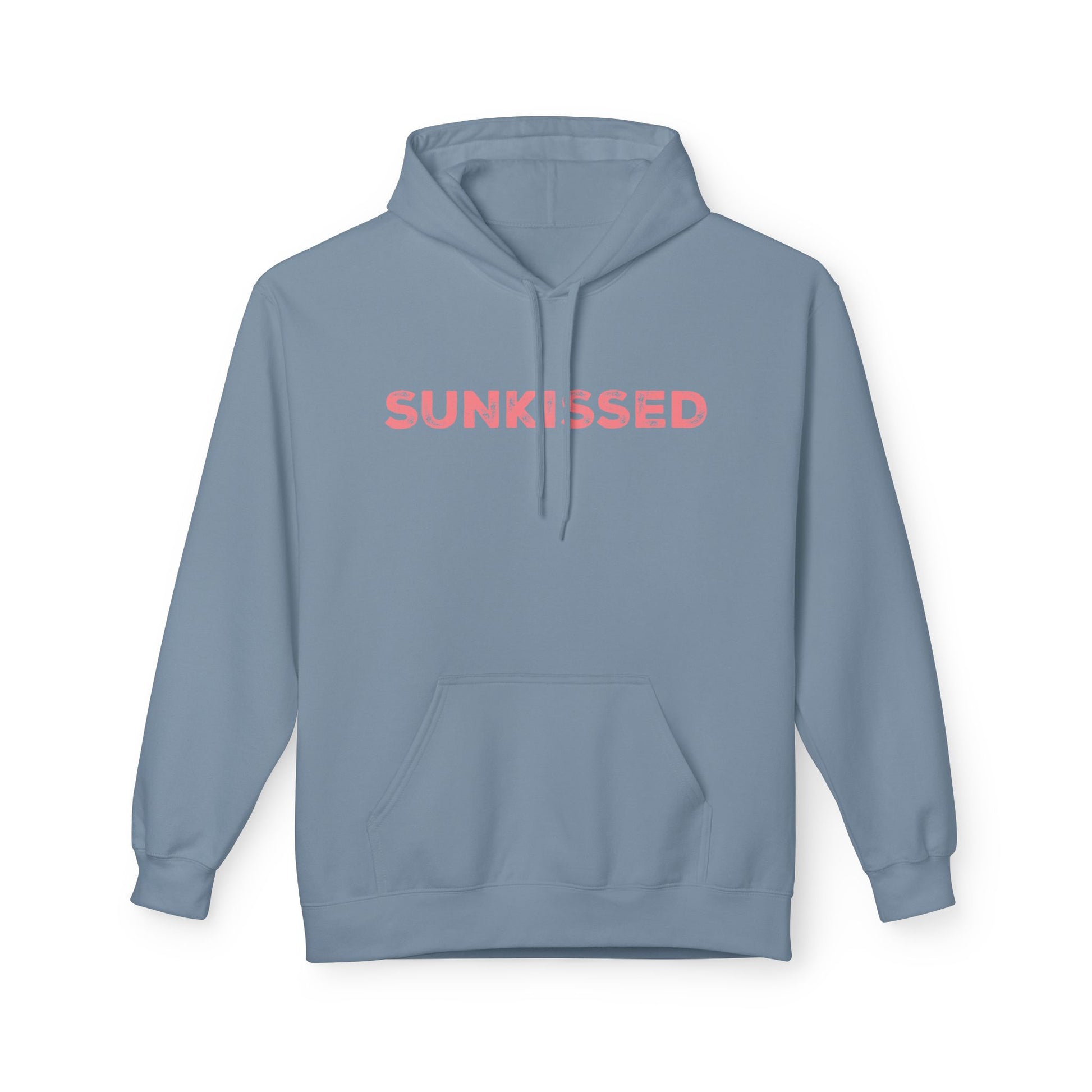 Blue hoodie with 'SUNKISSED' text on a white background