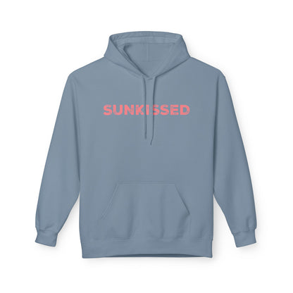 Blue hoodie with 'SUNKISSED' text on a white background