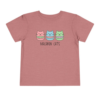 Heather mauve t-shirt with cartoon macaron cats design on a white background