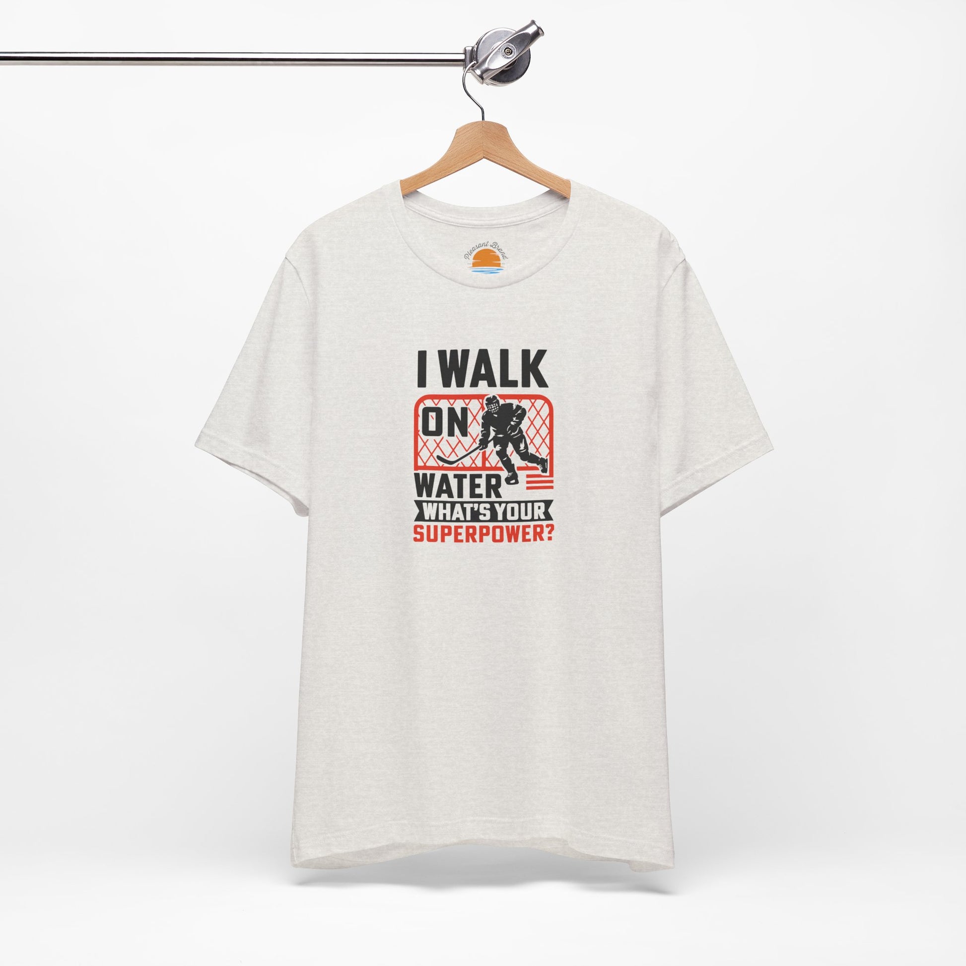 Heather cement t-shirt with graphic design Walk On Water on a white background