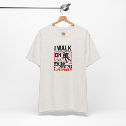 Heather cement t-shirt with graphic design Walk On Water on a white background