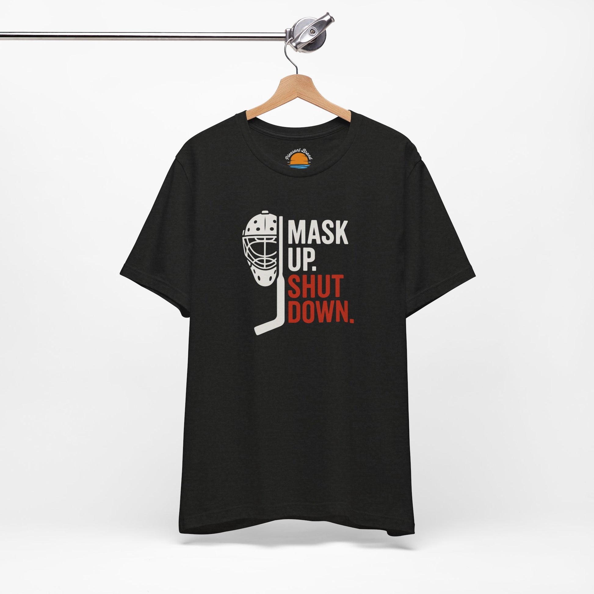 Black heather t-shirt with Mask Up Shut Down text with goalie mask design on a white background